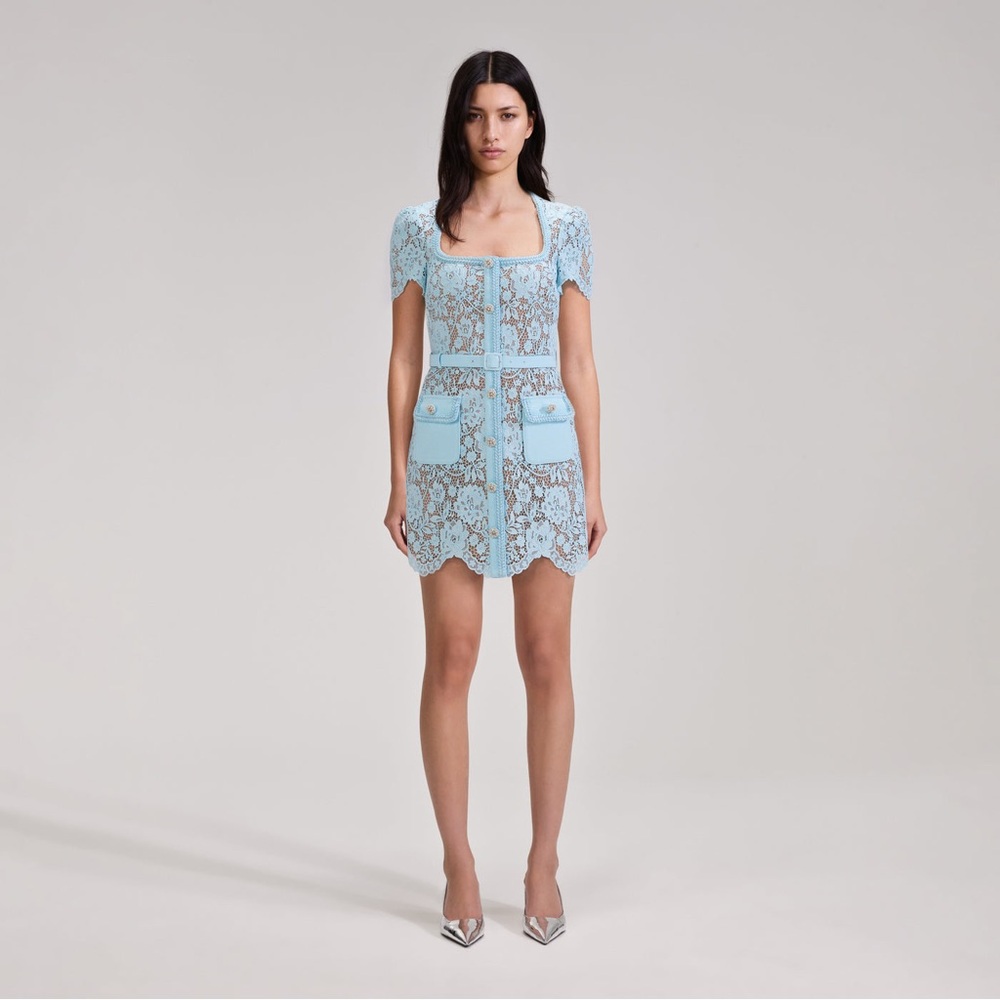 Self Portrait Pale Blue Lace Rhinestone Embellished Mini Dress NWOT